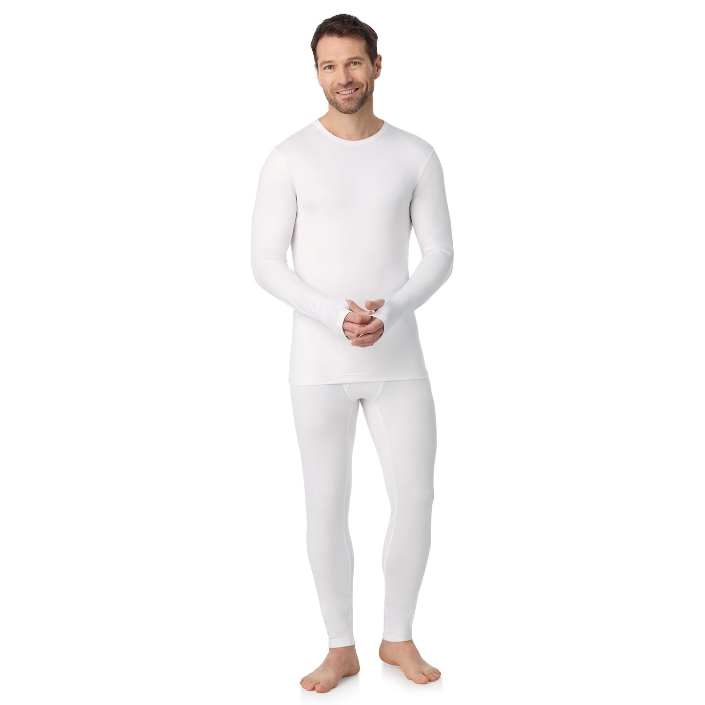 Cuddl Duds Mens Lightweight & Breathable Everyday Active Base Layer 2 Piece Thermal Underwear Set - Cozy Jersey Long Sleeve Shirt & Leggings - Matching Lounge Sets Long Johns for Men, White, L