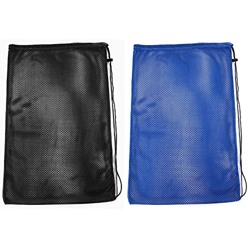 2 Packs Mesh Gear Bag for Snorkel Equipment, Oversized 18" x 27" Mesh Dive Bag Scuba Diving Bag Snorkel Bag Backpack for Snorkeling Gear, Fins, Swimming Gear, Beach and Sports Equipment (Black & Blue)