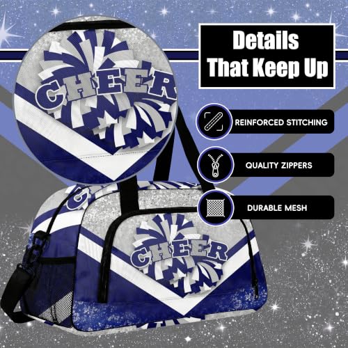 YYTBOD Cheerleader Duffel Bag Set with Makeup Bag & Bow Keychain - Silver & Navy
