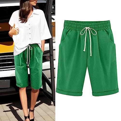 Generic Women's Knee Length Bermuda Shorts Elastic Waist Drawstring Casual 10"" Long Shorts Loose Fit Summer Beach Shorts, Large, B-green