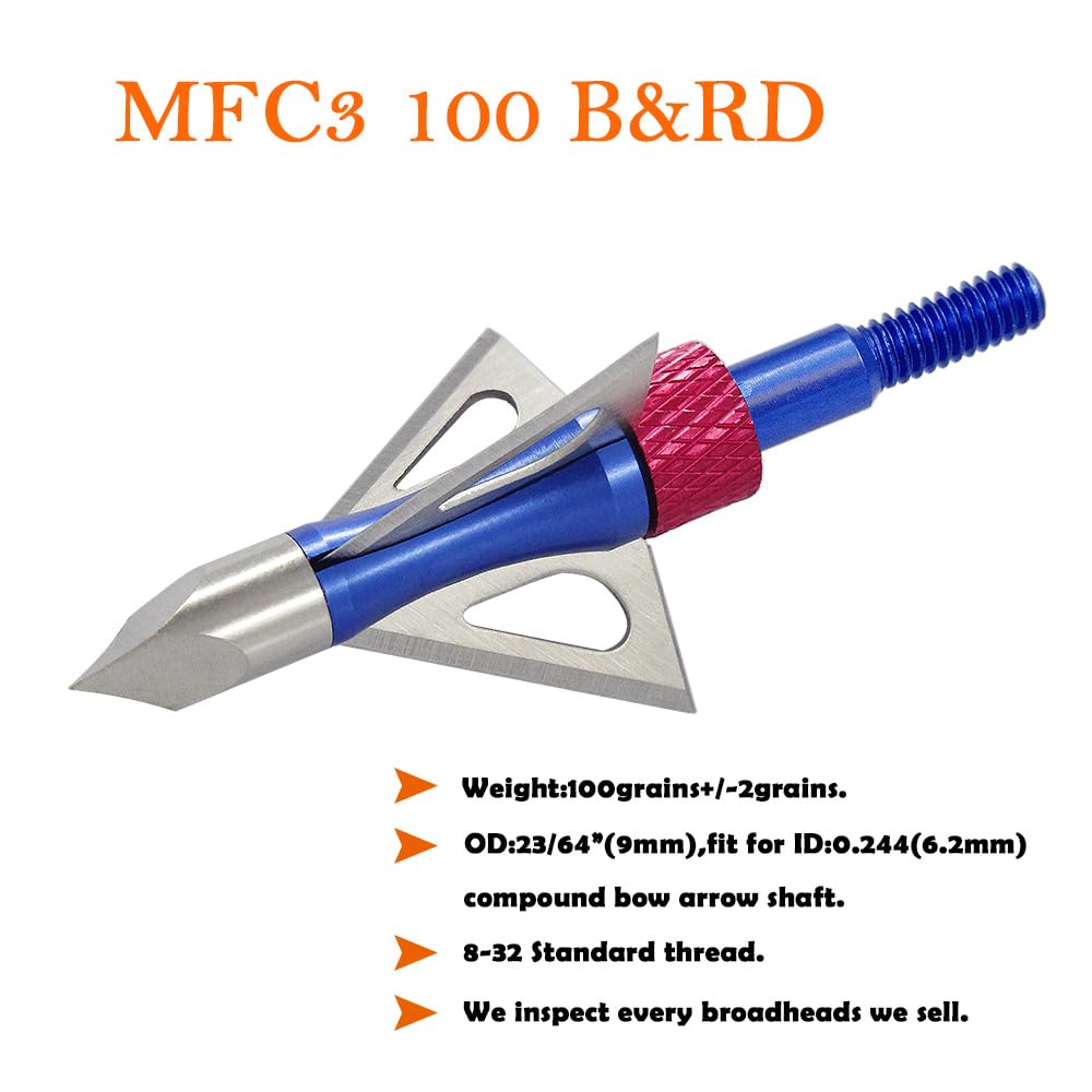 maifield Archery Broadheads 100 Grain Bowhunting Arrow Head 3 Fixed Blades 6 Pack for Small Game Crossbows and Compound Bow Arrows (Blue+Red 6PCS)