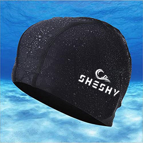 SHESHY Swim Cap, Flexible Nylon Spandex Fabric Cotton PU Fiber Swimming Bathing Cap Hat for Men Women Kids Adults (Black)