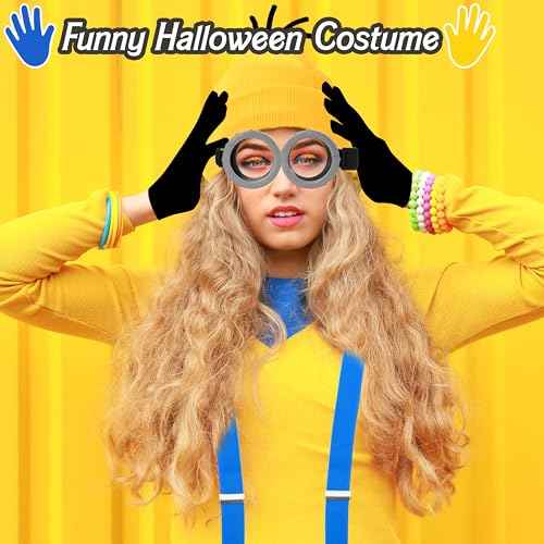 5 Pcs Halloween Yellow Costume Accessories for Adult, Yellow Beanie Hats, Goggles Glasses, Elastic Suspenders, Black Gloves for Halloween Dress Up Men Women Cosplay Party