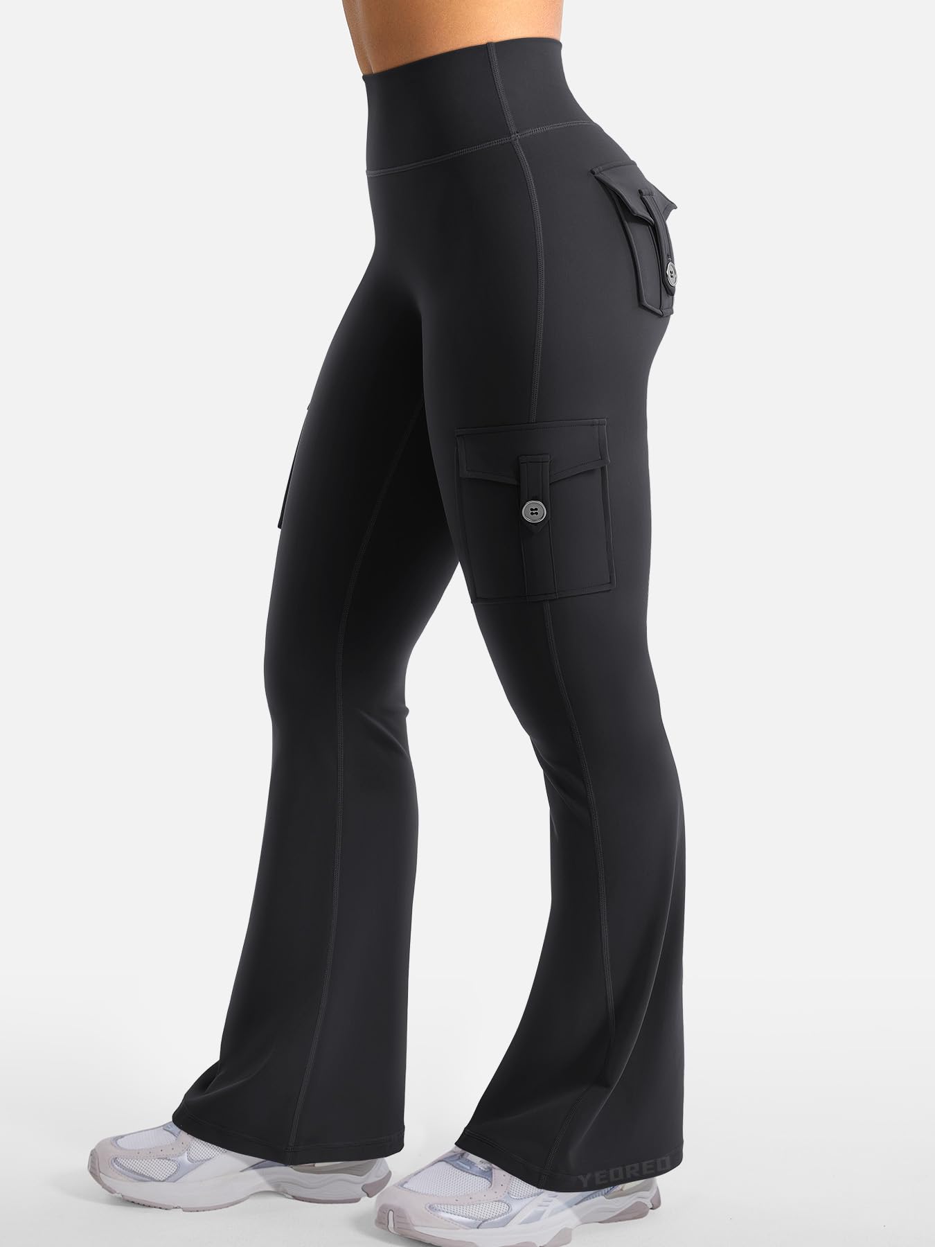 YEOREO CoreFlex Women Workout Flare Leggings with Pockets Hidden Scrunch High Waisted Cargo Gym Yoga No Front Seam Leggings Black XXL