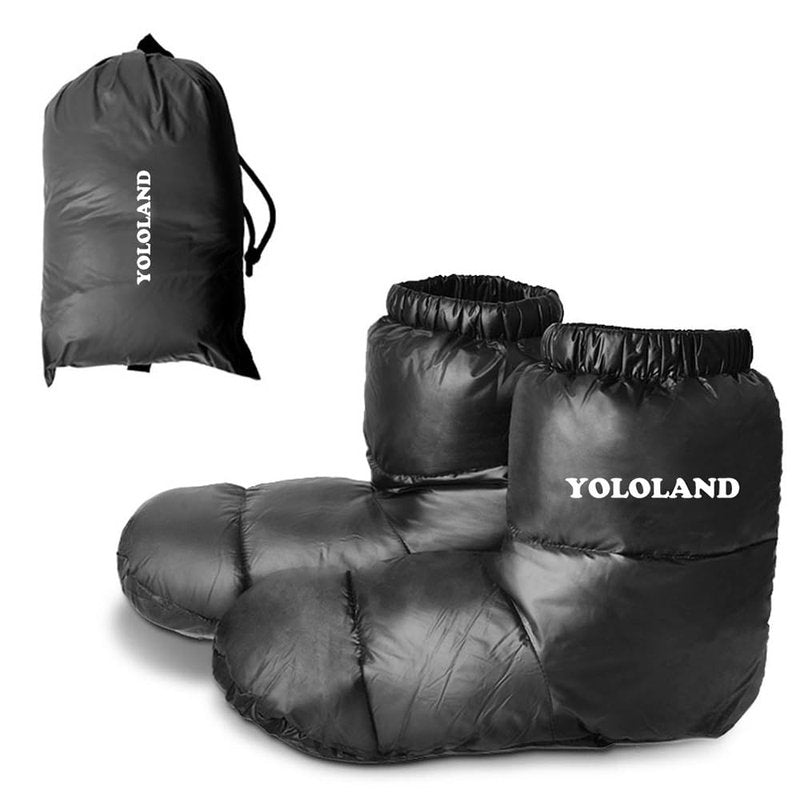 YOLOLAND Winter Warm Foot Warmers for Sleeping, Duck Down Socks Waterproof Boots, Mens Down Slippers, Sleep Booties for Women, Home Outdoor Camping Hiking Shoes, Lightweight & Comfortable (Black, L)