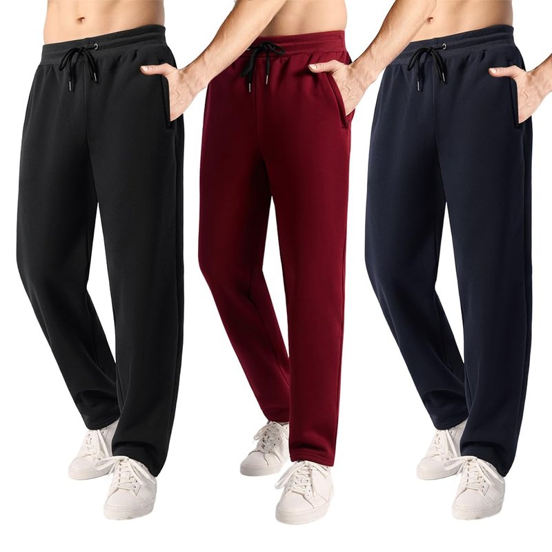 OAKVON Men’s 3 Pack Fleece Sweatpants with Pockets, Active Athletic Pants Workout Jogger Open Bottom