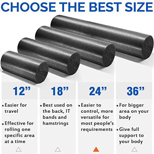 Yes4All Premium Soft-Density Round PE Foam Roller for Pilates, Yoga, Stretching, Balance & Core Exercises - 24 inch Black