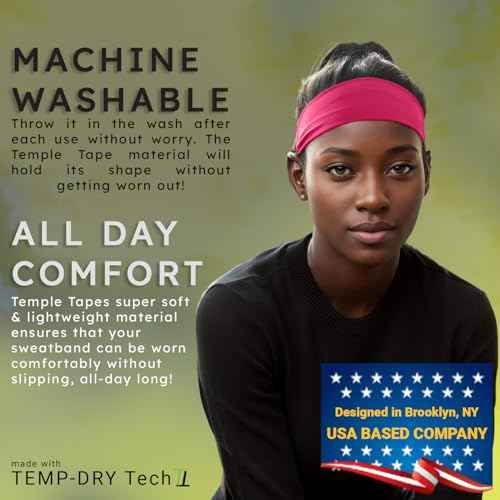 Temple Tape Sweat Band Workout Headbands for Women and Men - Sweatbands for Men - Moisture Wicking Sports Sweat Bands Headbands for Women, Running,Cycling,Yoga,Football Headband