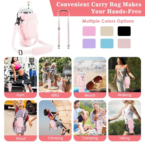 3 in 1 Water Bottle Carrier Bag with Pouch Pocket fits Stanley 40 oz Tumbler, Water Bottle Holder with Strap for Stanley Cup Accessories with Stainless Steel Straws, Straw Cover, Spill Proof Stoppers