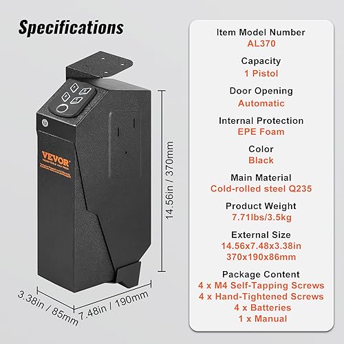 VEVOR Mounted Gun Safe for Pistols, Biometric Gun Safe with Three Quick Access Ways of Fingerprints, Passwords and Keys, Handgun Safe for 1 Pistol for Home, Bedside, Nightstand, Wall