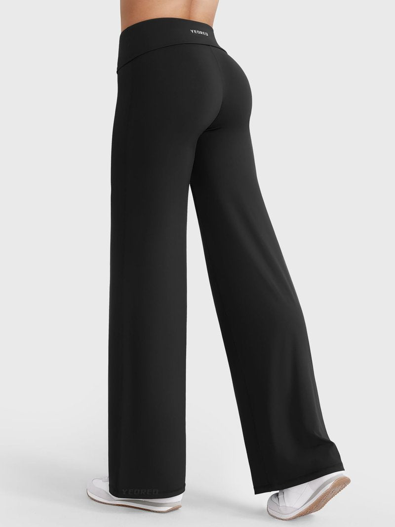 YEOREO SoftHue Straight Leg Leggings Women Fold Over Wide Leg Pants 31.5" Eddiy Casual Gym Workout Sweatpants Black L