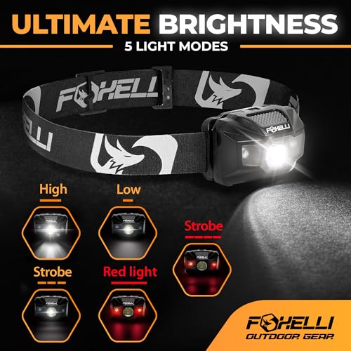 Foxelli LED Headlamp Rechargeable – Ultralight USB Rechargeable Headlamp Flashlight for Adults & Kids, Waterproof Head Lamp with Red Light for Running, Camping, Hiking & Outdoor