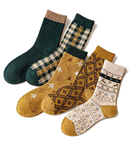 Meloday Thick Wool Classic Vintage Green Beige Hiking Crew Socks Soft and Comfortable - 5 Pairs Per Pack