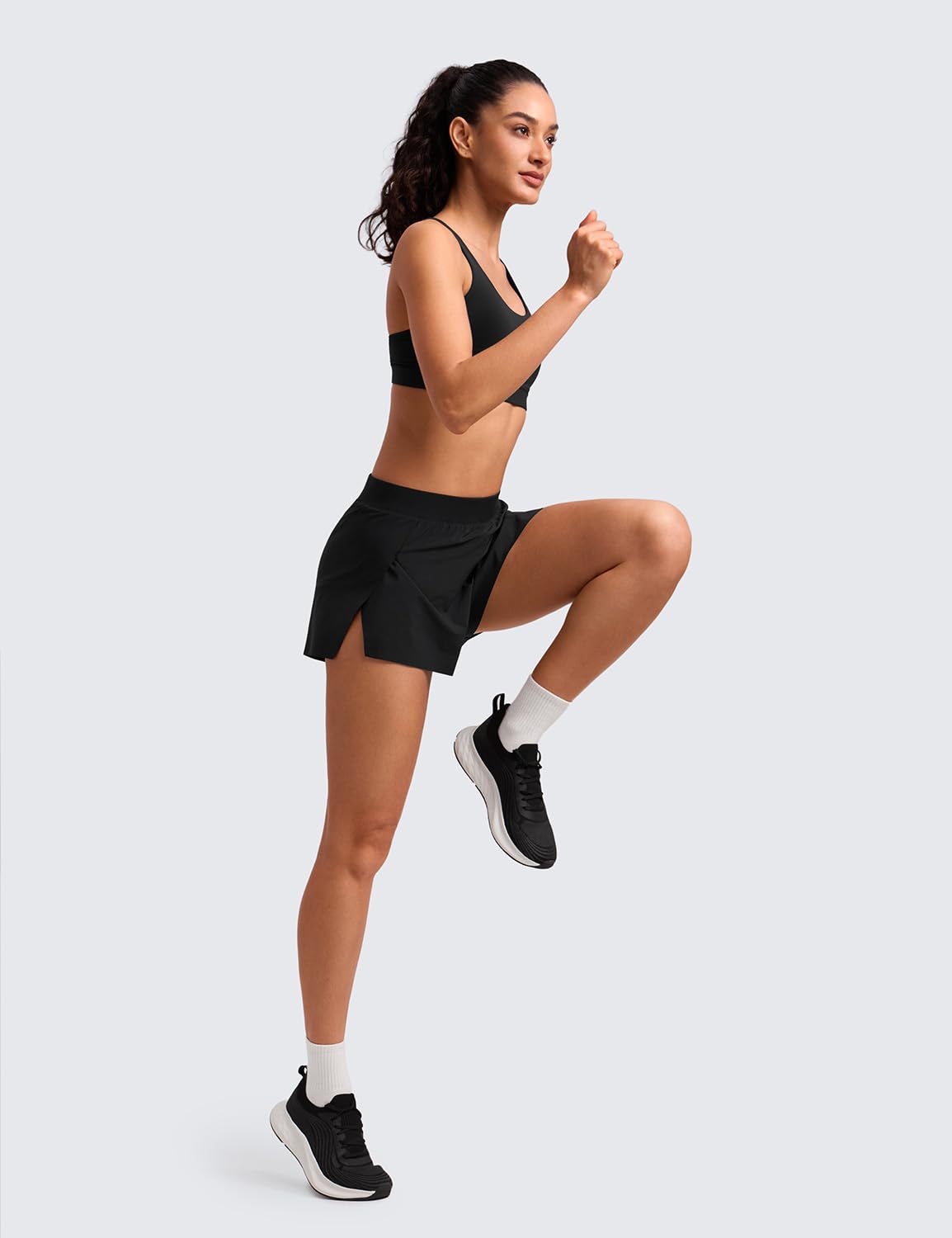 CRZ YOGA Running Shorts for Women High Waisted V Split for Gym Workout Athletic Track with Liner Breathable Quick Dry Black Medium