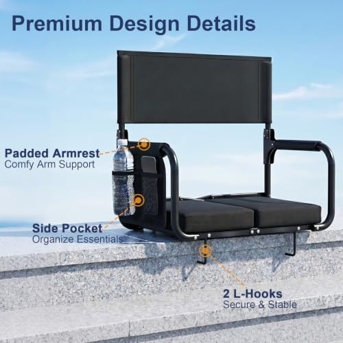 Feelnais Black Stadium Bleacher Seat with Back Support, Foldable & Portable