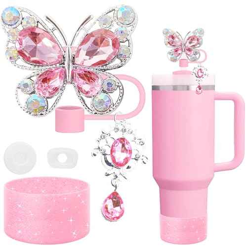5pcs Pink Stanley Cup Accessories Set, Including Butterfly Straw Topper, Sparkly Silicone Boot, Stoppers Spill Proof, Shiny Charm Fits Stanley 40&30 Oz Tumbler with Handle