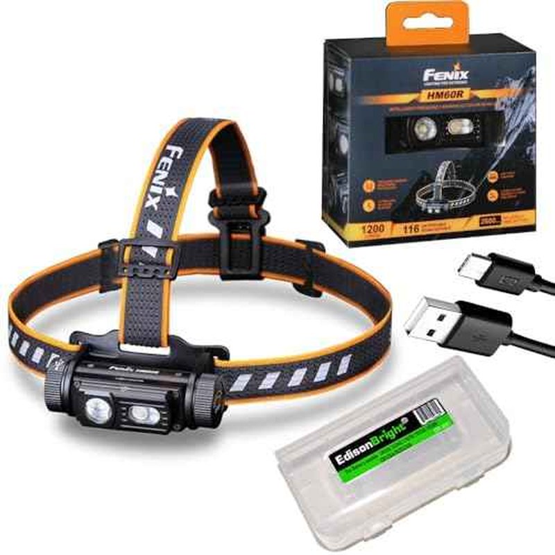 Fenix HM60R 1200 Lumen Rechargeable White/red LED Headlamp with EdisonBright USB Accessory Carrying case Bundle