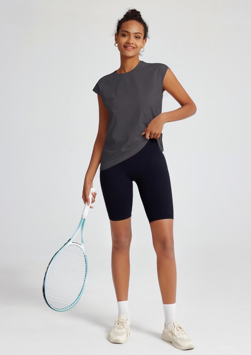 Women's Moisture Wicking Athletic Shirts - Tennis & Pickleball Tops, Gym Workout Tee with Cap Sleeve, Quick Dry Exercise Shirt Dark Grey L
