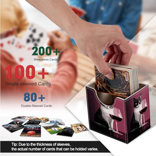 JANENFNA Card Deck Box, Card Storage Box Fits 100+ Single Sleeved Cards, Large Capacity PU Leather Card Storage Box with Strong Magnet for Magic Commander TCG CCG, Red Wine Cat