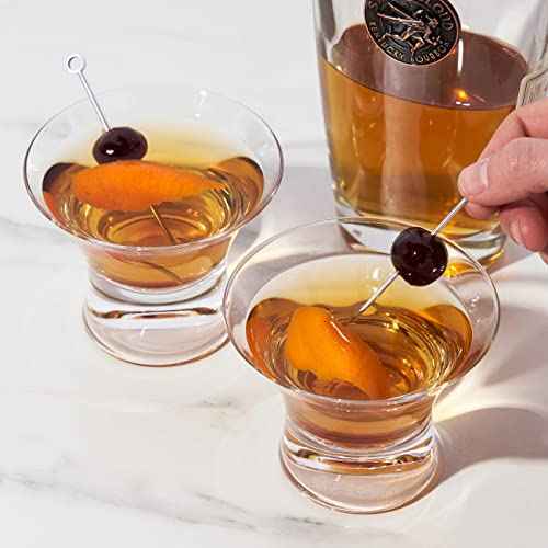 Viski Heavy Base Stemless Manhattan Glasses Set of 2 - Premium Crystal Cocktail Glass, Stemless Martini Glasses, Cocktail Glass Gift Set, 7 oz