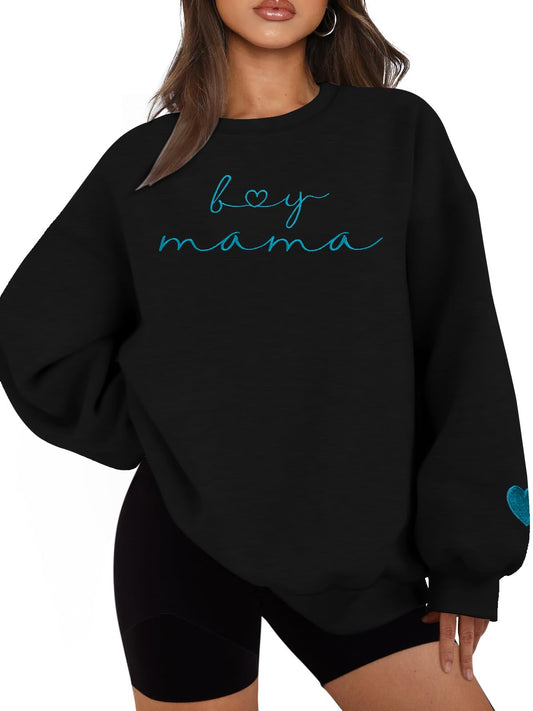 MYHALF Women Mama Oversized Crewneck Sweatshirt: Momma Embroidered Shirt Funny Mom Letter Print Long Sleeve Pullover Tops Black