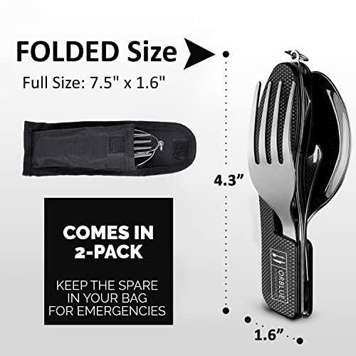 Orblue 4-in-1 Camping Utensils, 2-Pack, Portable Stainless Steel Spoon, Fork, Knife & Bottle Opener Combo Set - Travel, Backpacking Cutlery Multitool, Black