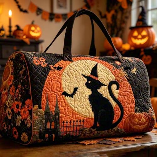 Large Purple Halloween Quilted Duffle Bag for Women - Trick or Treat Tote with Pumpkin Ghost Print, 2026 Capacity
