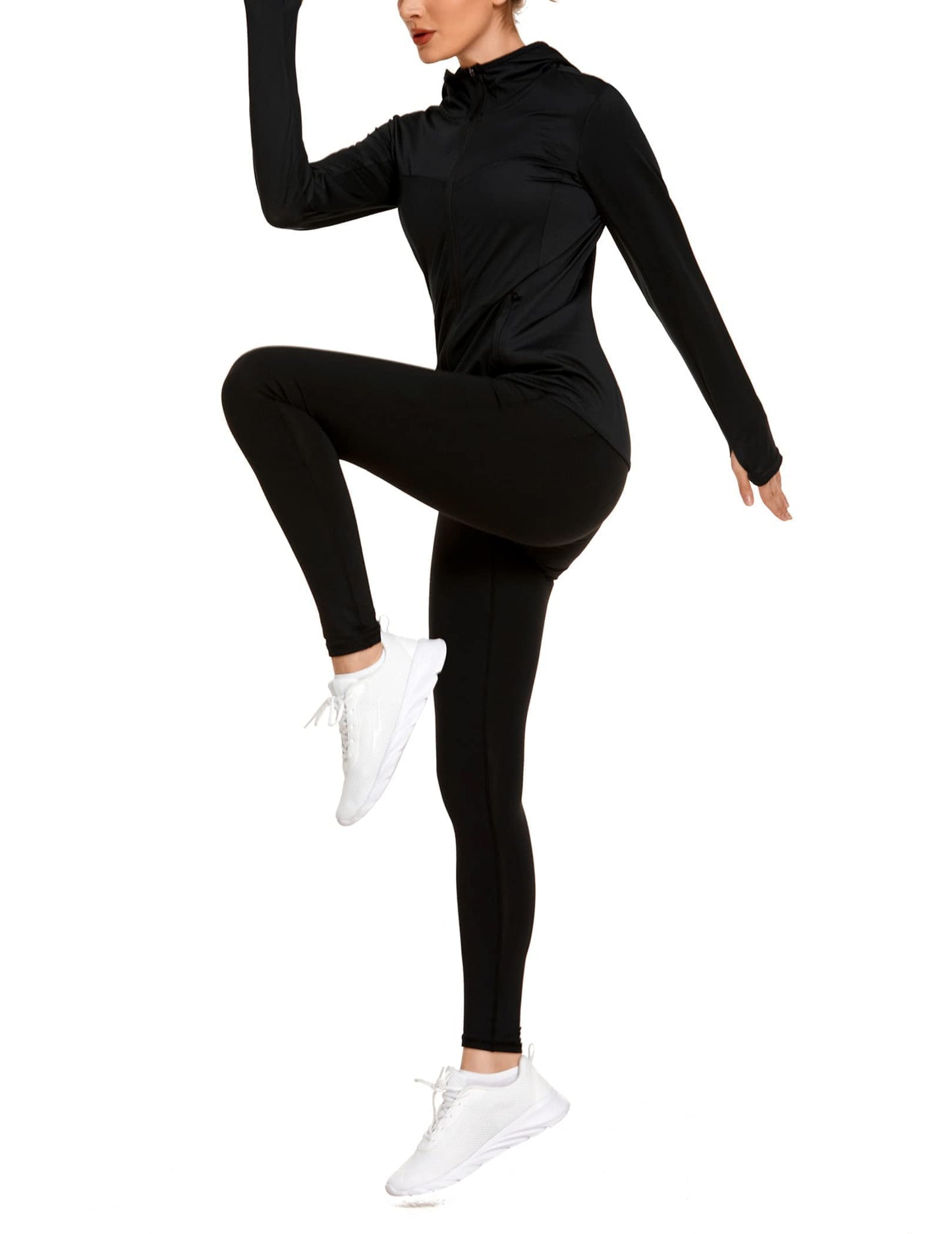COOrun Women's UPF 50+ Sun Protection Hoodie Jacket Lightweight Full Zip Running Jacket Athletic Workout Top with Thumb Holes Zipper Pockets Black M
