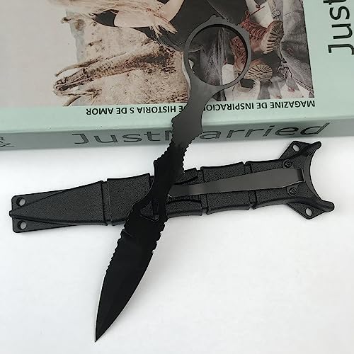 6.7" Socp Dagger Black Handle, 440C Fixed Blade Semi-Serrated Boot Knife, Hunting Tool with Kydex Sheath and Pocket Clip