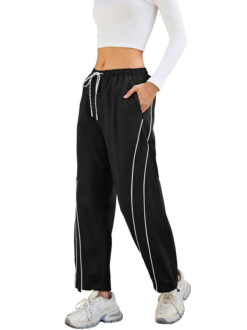 aswulk Womens Wide Leg Track Pants Drawstring High Rise Striped Elastic Waist Baggy Pants Black L