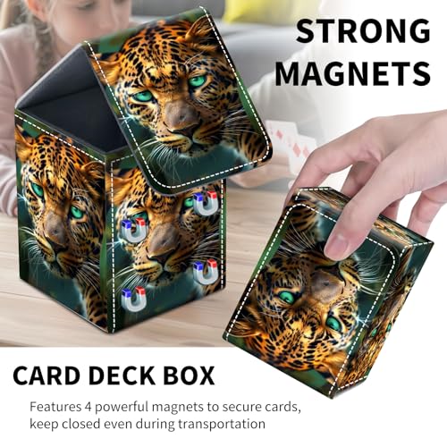 AIRWEE Card Deck Box for MTG Trading Cards, Magic Card Box Can Hold 110+ Single Sleeved Cards, Waterproof PU Leather Material, Strong Magnetic Buckle Card Set Box Suitable for TCG CCG, Jungle Leopard