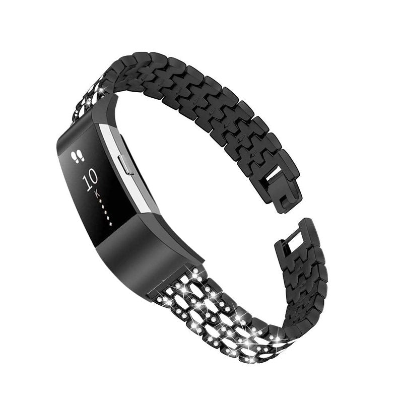 GIMart Bling Strap Compatible For Fitbit Charge 2 Strap, Women Men Stainless Steel Rhinestone Replacement Charge 2 Band Wrist Strap Metal Bracelet Wristband for Fitbit Charge 2 HR Fitness Tracker (Black)
