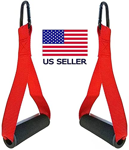 FITNESS MANIAC 2X D-Handles Fitness Strength Training Foam Grips D-Ring Stirrup Steel Hook Straps Handle Bodybuilding Home Gym Cable Machine Attachments Pull Up Exercise Equipment RED PAIR