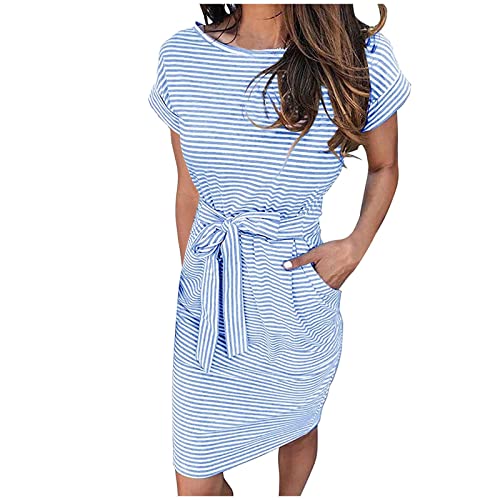 BFAFEN Prime of Day Deals 2024 Summer Dresses for Women 2024 Striped Print Crew Neck Pocket Dress Casual T Shirt Midi Dress Tie Waist Work Dress