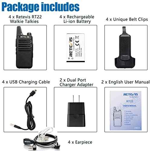 Retevis RT22 Walkie Talkies with Earpiece, Two Way Radios Long Range, Mini Walkie Talkie Rechargeable for Adults,Key Lock,VOX Handsfree, for Family Hunting Camping Hiking Skiing (4 Pack, Black)