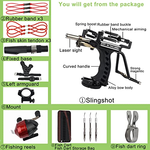 JTXCDFHMJ Rugged Professional Hunting Golden Slingshot with Fish Shooting Package As Adult Catapult Wrist Rocket Slingshot Comes with Reel Fish Shooting Dart Left Hand Gauntlet (BlackLeft)