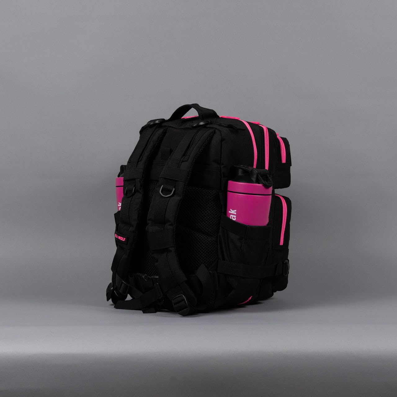 WOLFpak 25L Athletic Gym Backpack (Black Neon Pink) Durable 1000D Waterproof Oxford Material with MOLLE Webbing, Laptop Pocket & Dual Cup Holders
