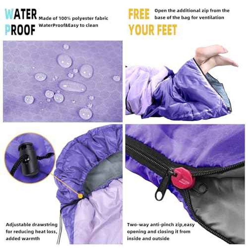 Sleeping Bag for Adults, Girls, Boys - 3 Season Warm & Cool Weather Lightweight Waterproof Camping Bag for Hiking, Outdoor Travel