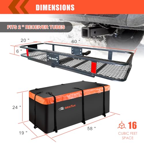 MeeFar Folding Hitch Mount Cargo Carrier Basket 60" X 20" X 6"+Waterproof Cargo Bag 16 Cubic Feet(58" 19" 24"),Hauling Weight Capacity of 500 Lbs and A Folding Arm.with Hitch Stabilizer,Net and Straps