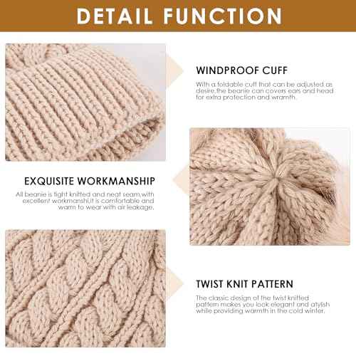 Women's Winter Hat Soft Knit Beanie with Faux Fur Pom Hat with Warm Fleece Lining Skull Cap for Women