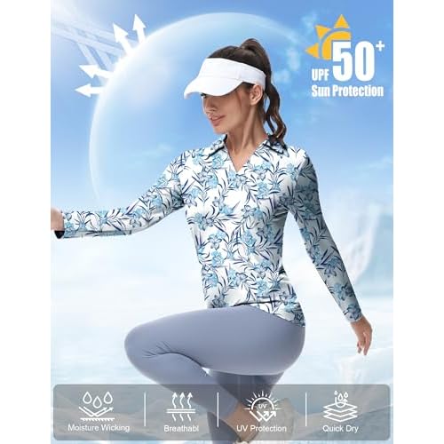 Women's Golf Polo Shirts Long Sleeve Workout Tops V Neck UPF 50+ Sun Protection Quick Dry Lightweight Active Shirts