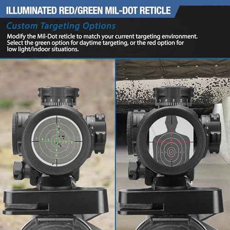 Barska Compact Rifle Scope with Red/Green Illuminated Mil-Dot Reticle ? Side Rheostat, Sunshade, Flip-Up Caps, External Turrets, Waterproof/Fogproof