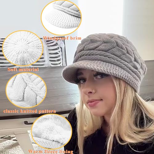 Winter Knit Beanies for Women, Warm Fleece Lined Women Thick Hat Slouchy Hat Cap with Brim