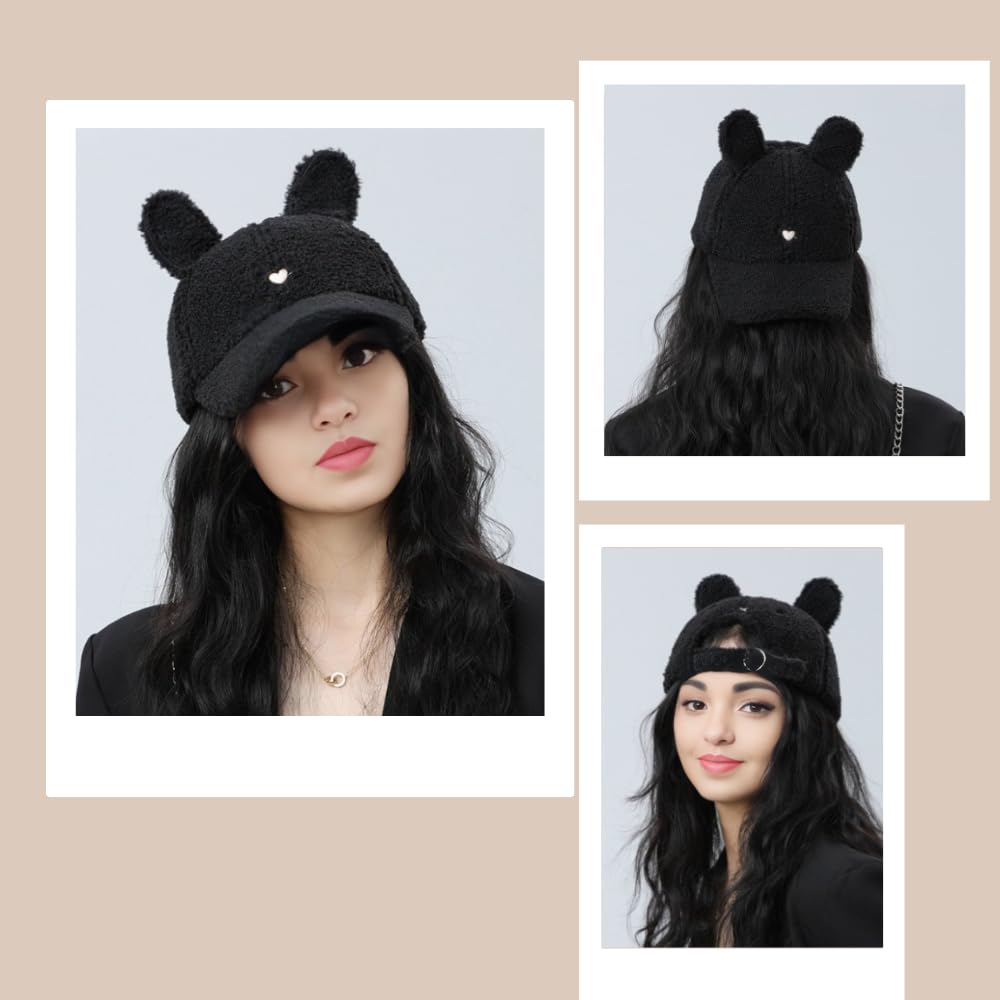 Cute Hat for Women Winter Wool Cat Rabbit Ears Soft Beanie Slouchy Baseball Cap Vintage Casual Sports (US, Numeric, 7, 7 7/8, Black)