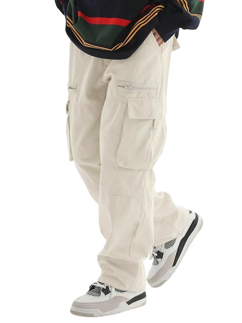 ZAFUL Men's Wild Cargo Pants Loose Fit Y2K Pants Drawstring Casual Hiking Pants Pocket Zipper Design Straight Trousers Apricot L