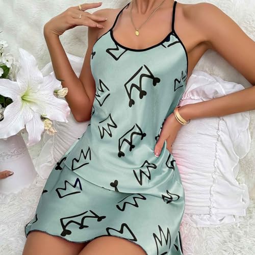 Womens Nightdress Fashion Print Sexy Backless Ice Silk Sling Pajamas Dresses Nightgowns Chemise Sleepwear Lingerie Style003 White Large