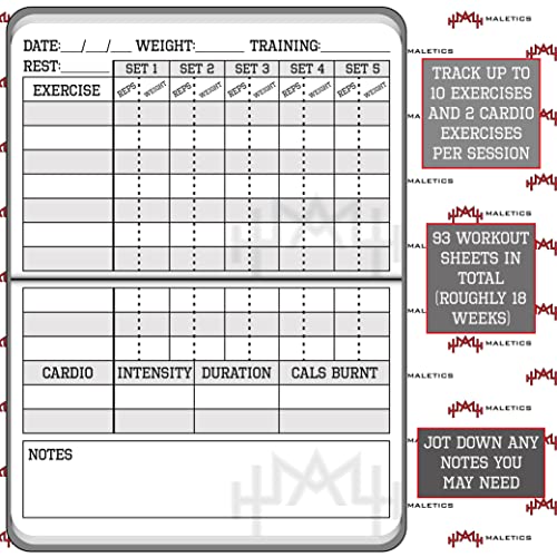 MaLetics – A6 Pocket Fitness Journal – Set 15 Goals, Track 93 Workouts, Measure Progress & Log 24 Personal Records – Sweatproof Design, Daily Planner & Exercise Log Book For Men & Women - Red