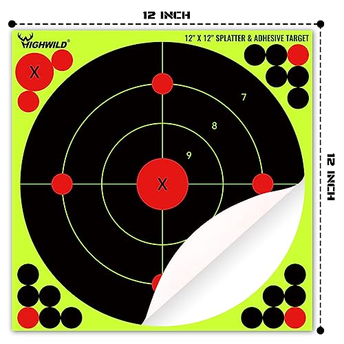 Highwild 12X12 Inch Splatter Adhesive Bullseye Fluorescent Yellow Shooting Target Stickers - Suitable for Handguns, Rifles, BB Guns, Airsoft, Pellet Guns - 10 Pack