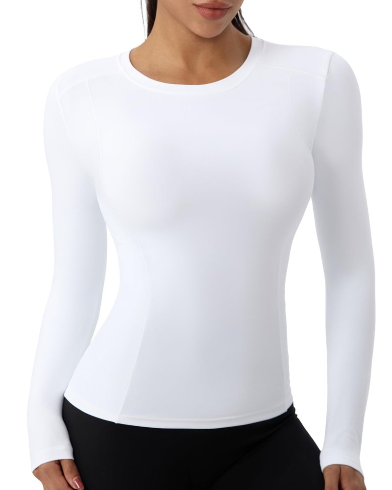 SPVISE White Long Sleeve Compression Shirt Women Workout Tops Quick Dry Athletic Base Layer Undershirts for Gym Yoga Running