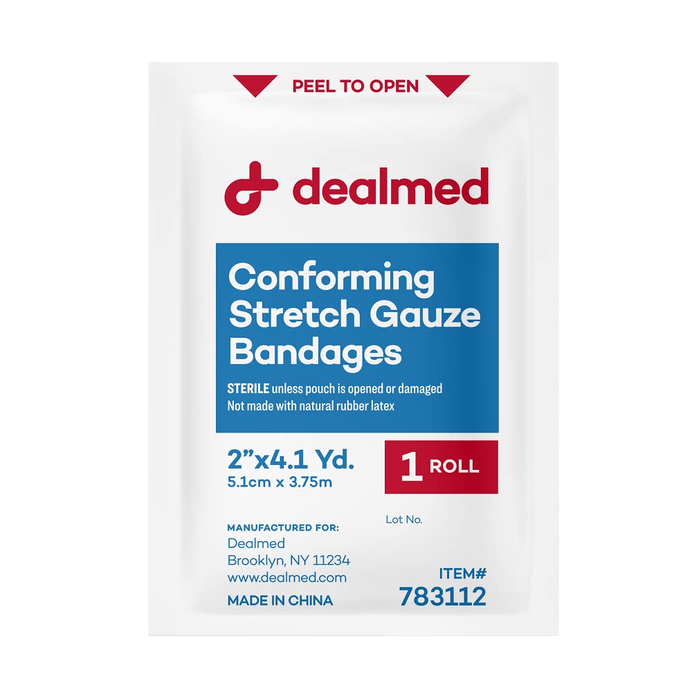 Dealmed 2" Sterile Conforming Stretch Gauze Bandages, 4.1 Yards Latex Free Stretched Dressing Wrap, Medical Non-Adherent Wound Care Mesh Bandages (Case of 96 Rolls)